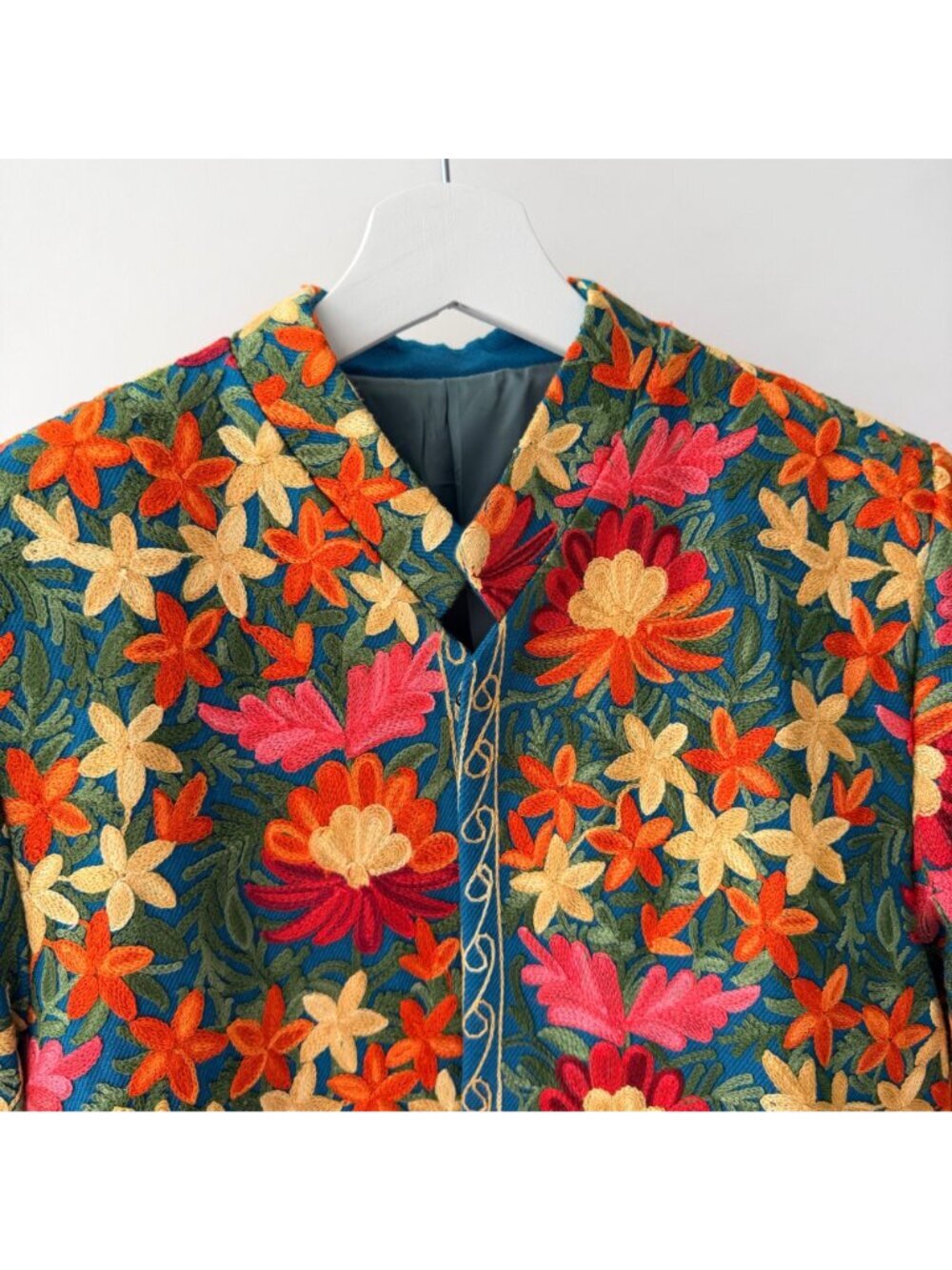 Kashmiri Embroidered Jacket Floral Aari Crewel Coat Boho Artisan Pashmina Style - Picture 3 of 8
